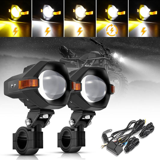 🆕3 Inch Motorcycle LED Spotlight Bi-LED Projector Lens Headlight 120W Dual Color Switchback LED Work Light 3+5 Light Modes for Motorcycle SUV ATV Trucks | 2PCS/Set