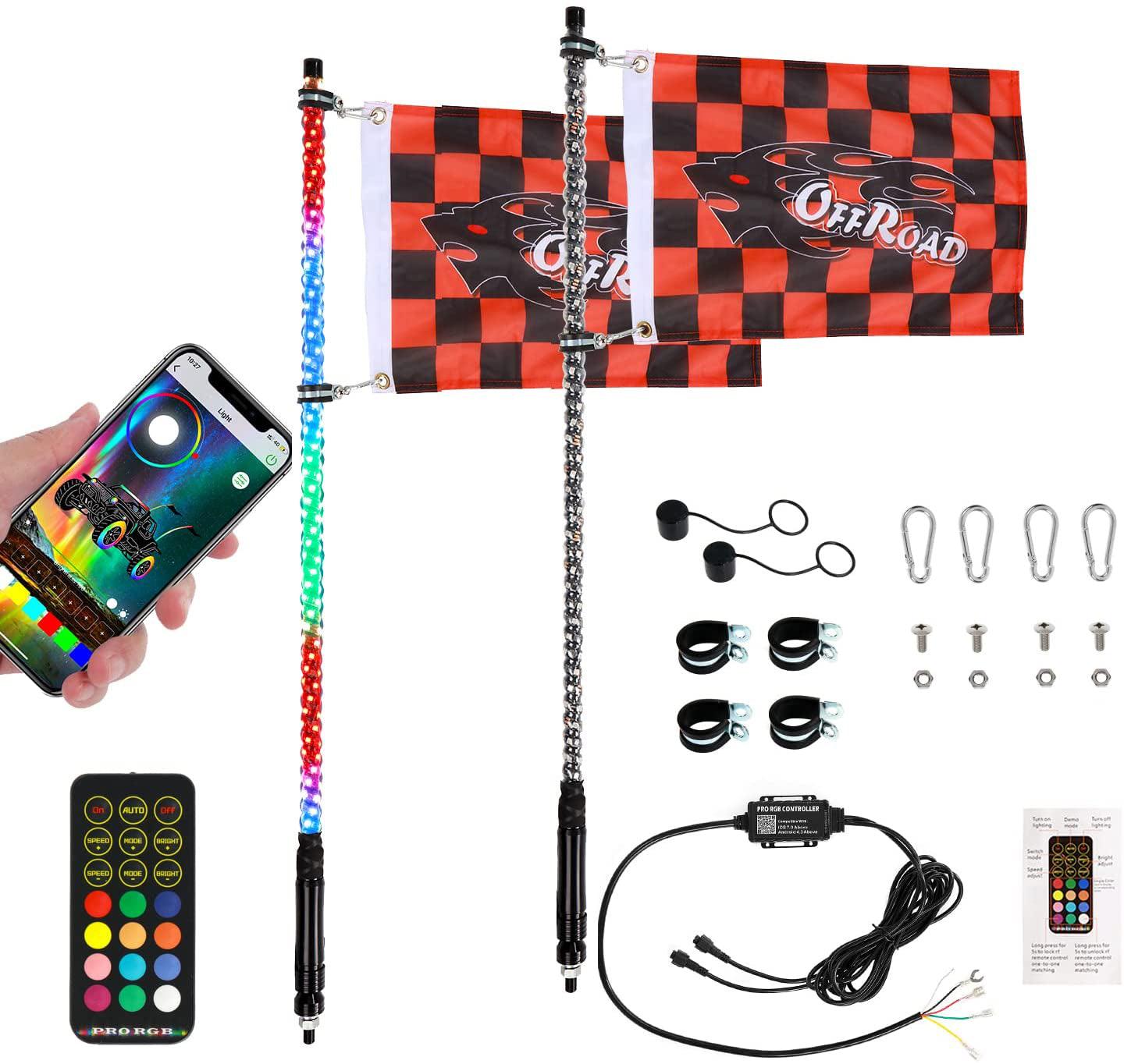 3FT/4FT LED RGB Whip Lights with Bluetooth/ Remote Controlled & Red Universal Flagpole Light Mount for all UTVs with 1.75" to 2" Roll Cage
