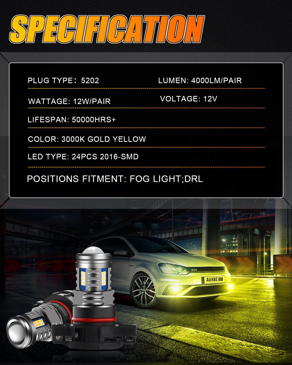 🔥(2pcs/set) 5202/5201/PS24W/H16EU Y2 Series 3-Sides Golden Yellow LED Fog Light/DRL