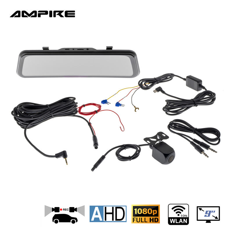 AMPIRE smartphone mirror monitor 22.9cm (9'') AHD Dual Dashcam & Rearview camera