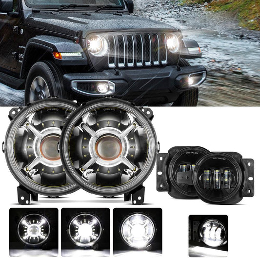 9'' Round 100W LED Headlights with DRL & 4'' 30W LED Fog Lights for 2018-2022 Jeep Wrangler JL, 2019-2022 Gladiator JT