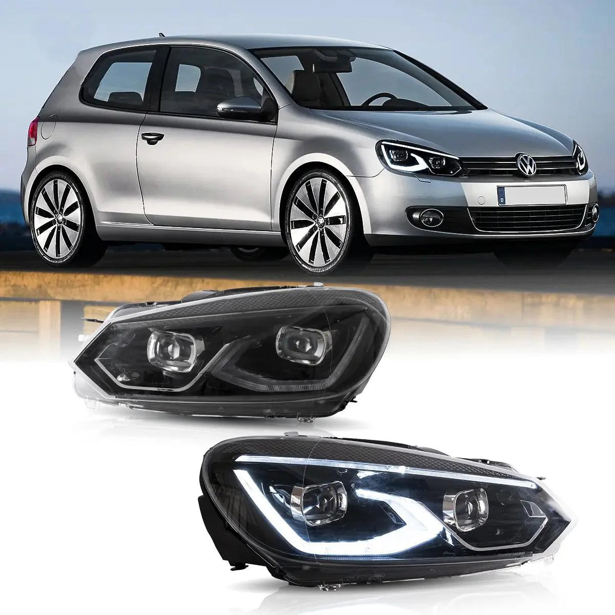 LED Headlight Assembly Dual Beam Projector Black For 2008-2014 Volkswagen Golf 6th Gen (Mk6/A6 Typ 5K)