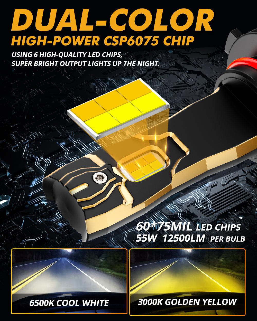 9005/HB3 LED Bulb Fog Lights/Low Beam Lights 110W 25000LM GX Bi-Color Series High Power &amp; Brightness Dual Color Switchback | 2 bulbs 