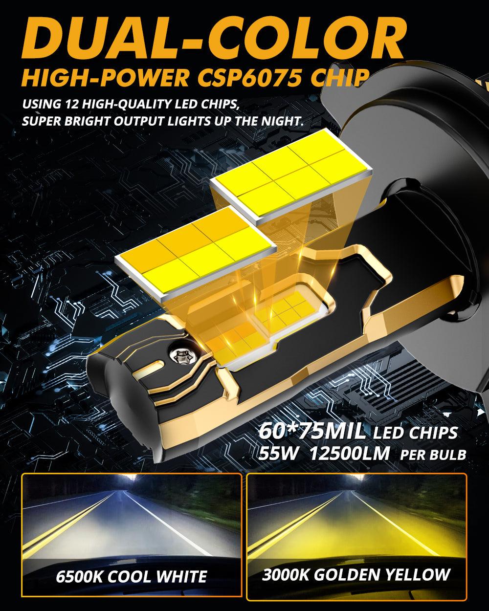 Bombillas LED H4 para faros delanteros 110W 25000LM Serie bicolor GX Alta potencia y brillo Conmutación de doble color | 2 bombillas