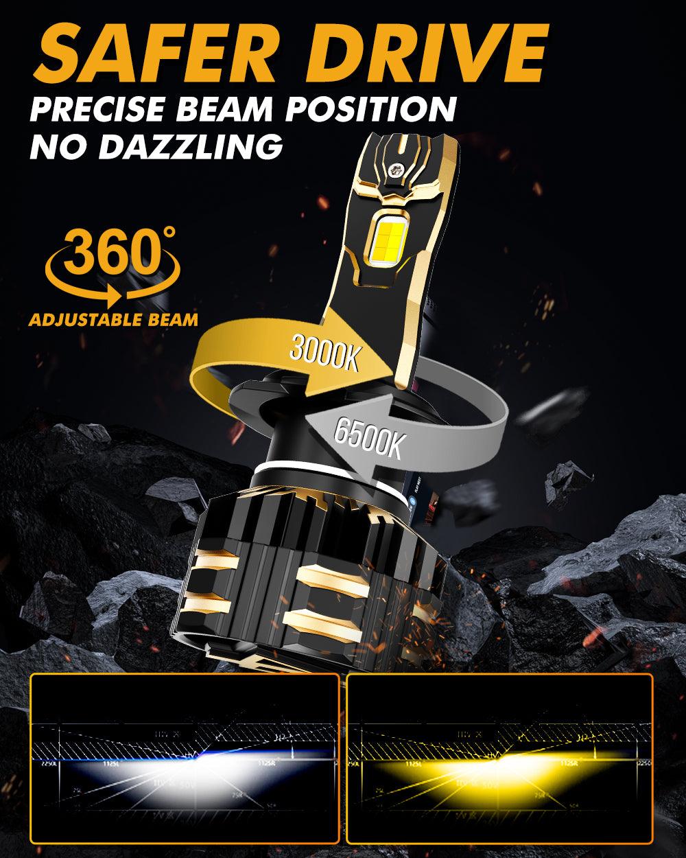 Bombilla LED H7 Luces antiniebla/luces de cruce 110W 25000LM Serie bicolor GX Alta potencia y brillo Conmutación de doble color | 2 bombillas 
