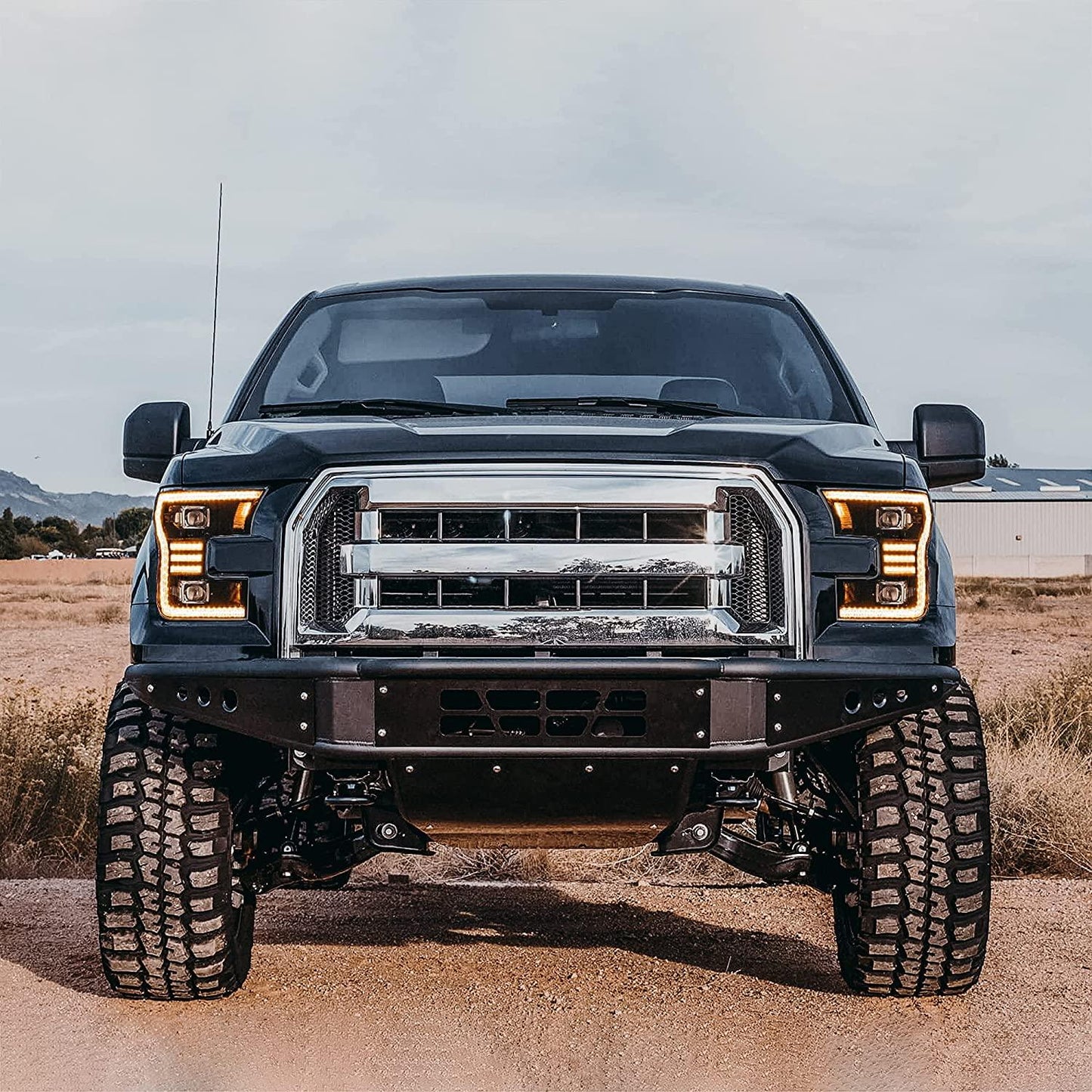 LED Headlight Assembly Dual Beam Projector Black For 2015-2017 Ford F150 (Fit Factory Halogen Version Only)