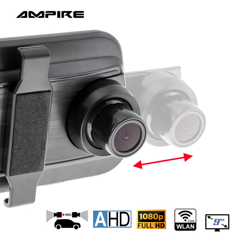Moniteur de rétroviseur pour smartphone AMPIRE 22,9 cm (9'') AHD Dual Dashcam et caméra de rétroviseur