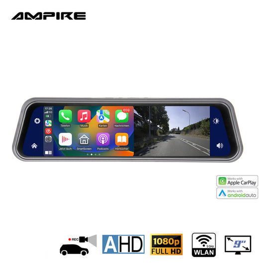 AMPIRE smartphone mirror monitor 22.9cm (9'') w. AHD Dashcam & RVC input (AHD)