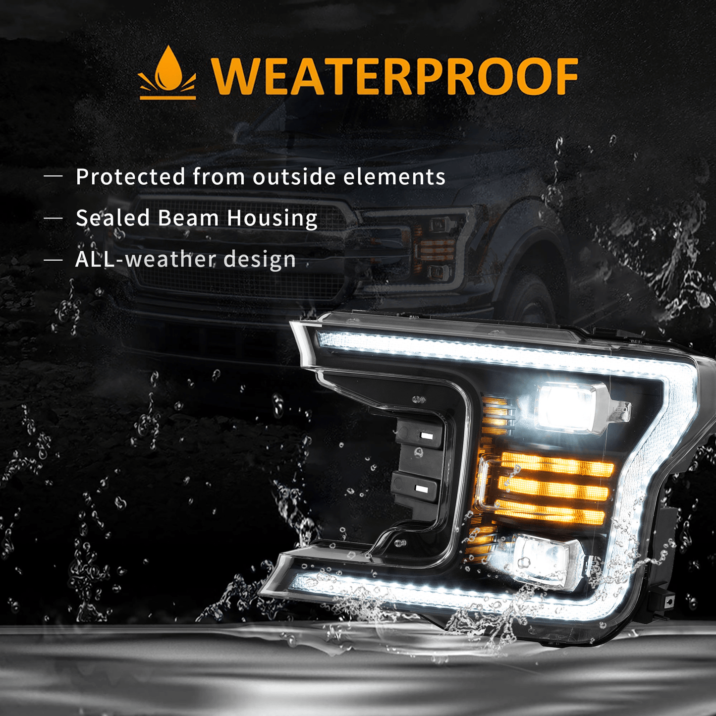 LED Headlight Assembly Dual Beam Projector Black For 2018-2020 Ford F150 13th Gen Facelifted