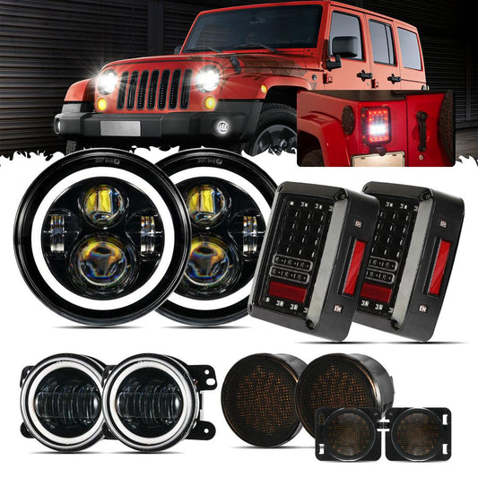 Remplaçant de Phare LED 7'' avec Halo + Feux Anti-Brouillard LED 4'' + Feux Arrière Fumés LED + Clignotants & Feux de Garde pour Jeep Wrangler JK