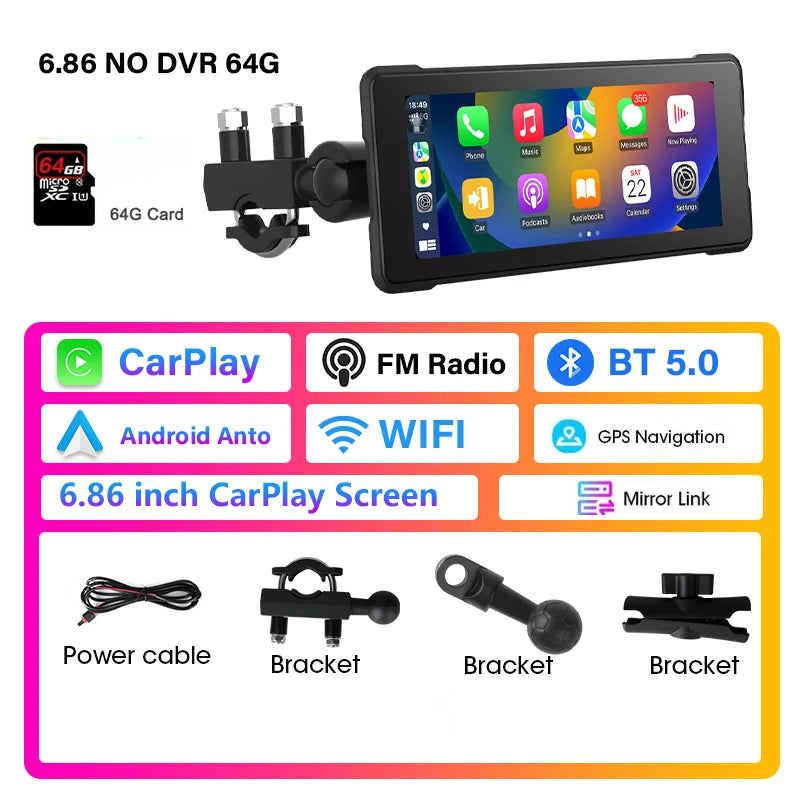 Develuck 5/6.86/7" Navigation Motorcycle Waterproof Carplay Display Screen Portable Motorcycle DVR Wireless Android Auto Monitor