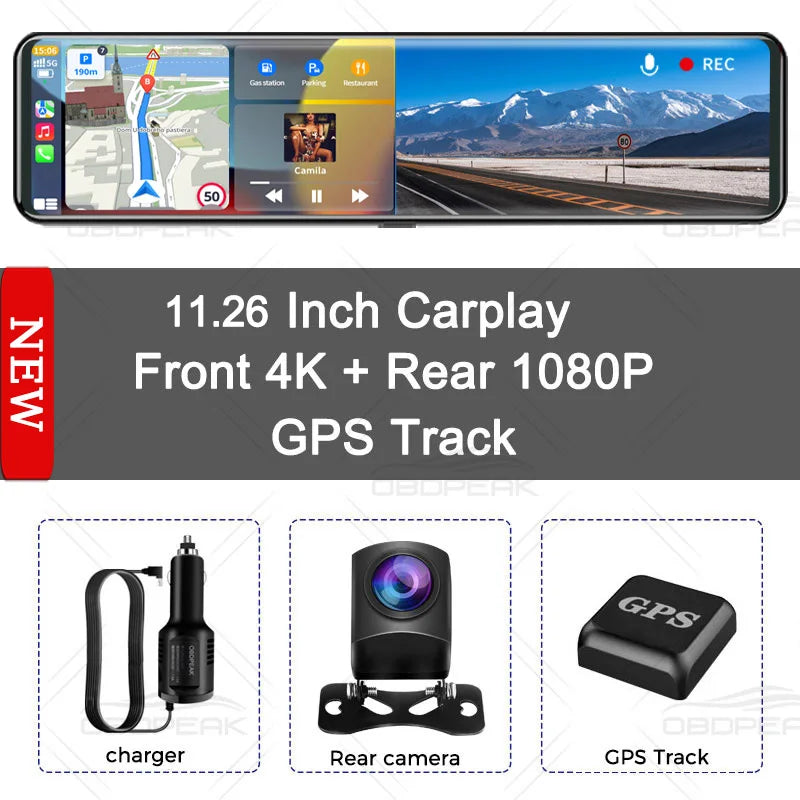 K4 11.26 Inch Carplay & Android Auto 4K 2160P Wifi Dash Cam Rearview Mirror Car DVR GPS Navigation Video Recorder Dual Lens