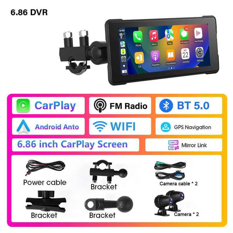Develuck 5/6.86/7" Navigation Motorcycle Waterproof Carplay Display Screen Portable Motorcycle DVR Wireless Android Auto Monitor