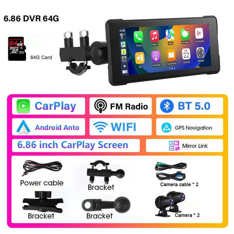 Develuck 5/6.86/7" Navigation Motorcycle Waterproof Carplay Display Screen Portable Motorcycle DVR Wireless Android Auto Monitor