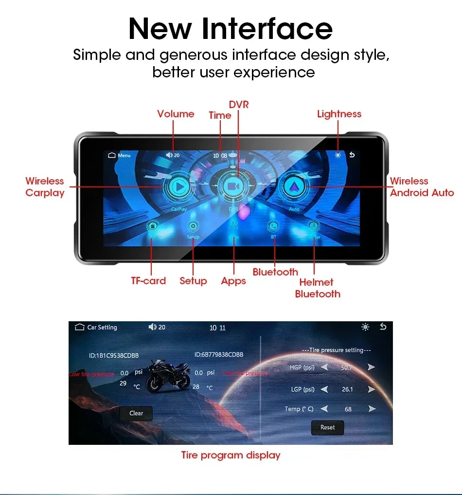 Develuck 5/6.86/7" Navigation Motorcycle Waterproof Carplay Display Screen Portable Motorcycle DVR Wireless Android Auto Monitor