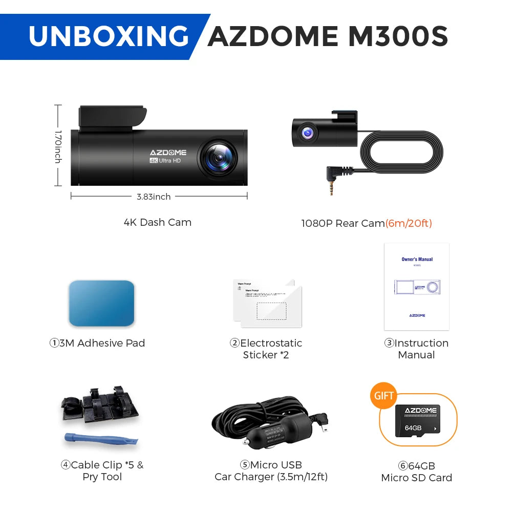 AZDOME Dash Cam M300S 4K 1080P Dual Dash Car Camera Built-in 5.8GHz WiFi GPS Car DVR 24H Parking Mode Night Vision Black Box