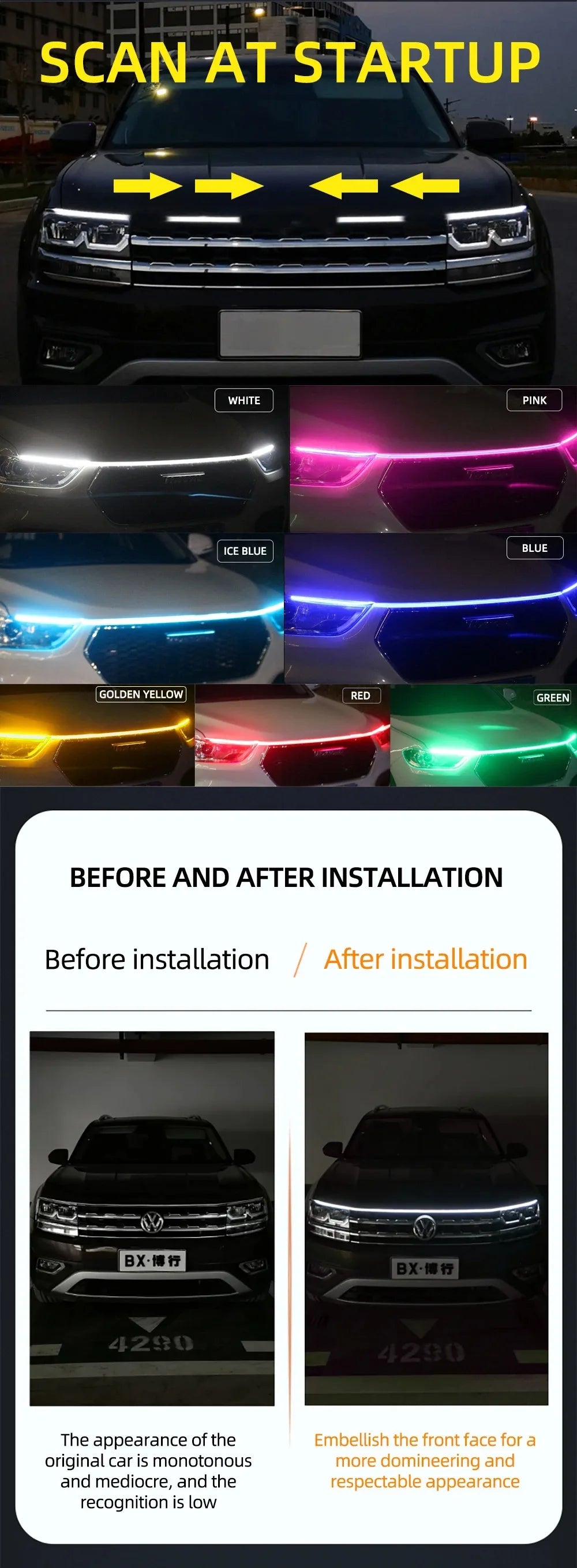 LED Daytime Running Light Scan Starting Car Hood Decorative Lights DRL Auto Engine Hood Guide Decorative Ambient Lamp 12V