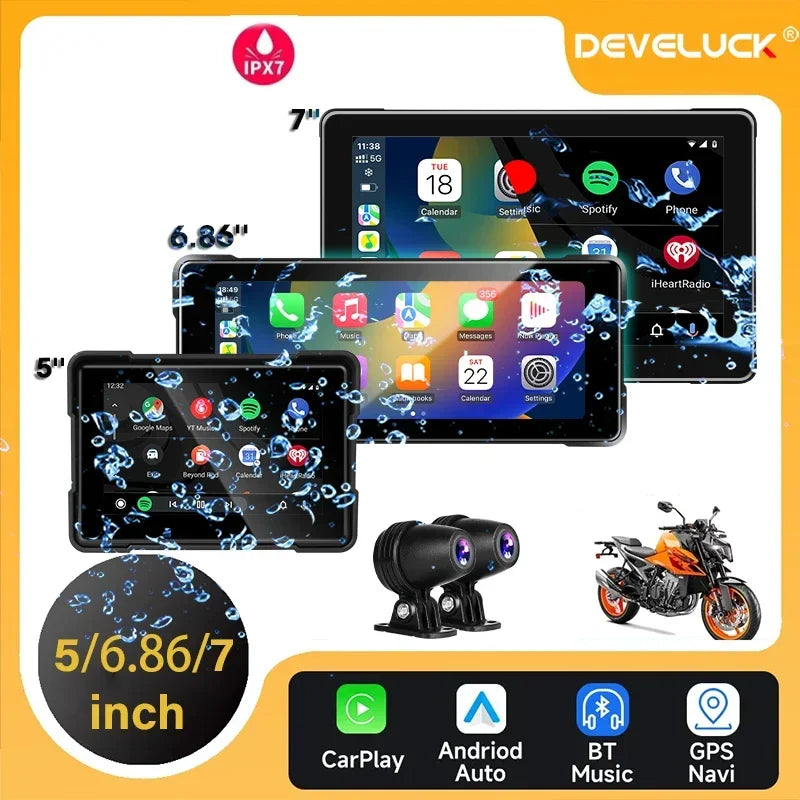 Develuck 5/6.86/7" Navigation Motorcycle Waterproof Carplay Display Screen Portable Motorcycle DVR Wireless Android Auto Monitor