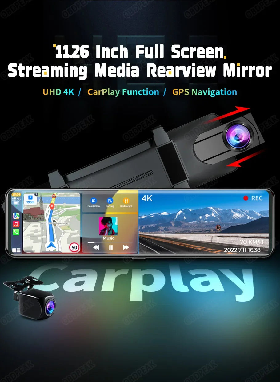K4 11.26 Inch Carplay & Android Auto 4K 2160P Wifi Dash Cam Rearview Mirror Car DVR GPS Navigation Video Recorder Dual Lens